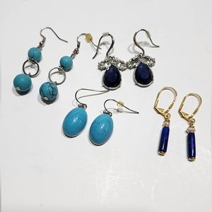 4 Pairs of Pierced Earrings Faux Howlite Dark Blue Rhinestones More